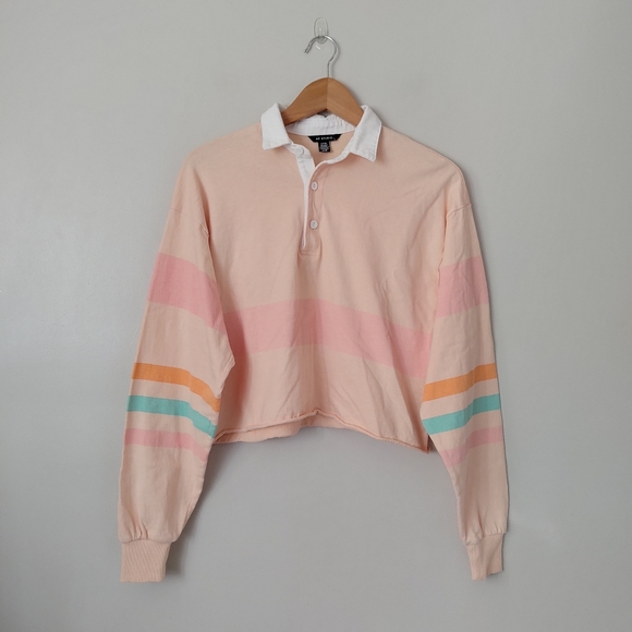 AE Studio American Eagle Crop Polo Long Sleeve Shirt Striped Size Small - Picture 3 of 14